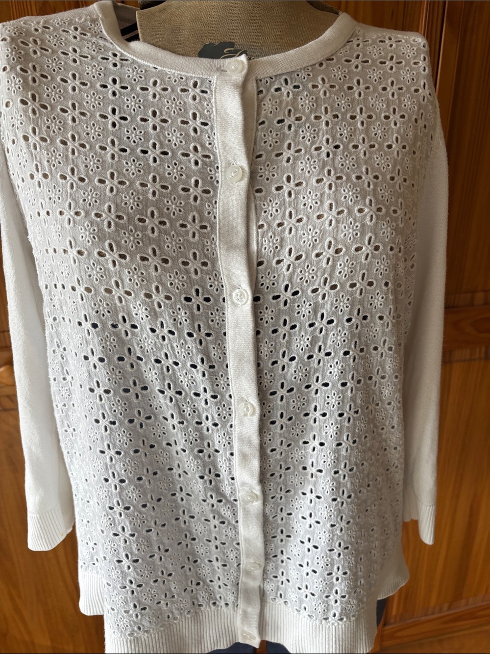 Women’s White cotton Eyelet Button-Front Sweater